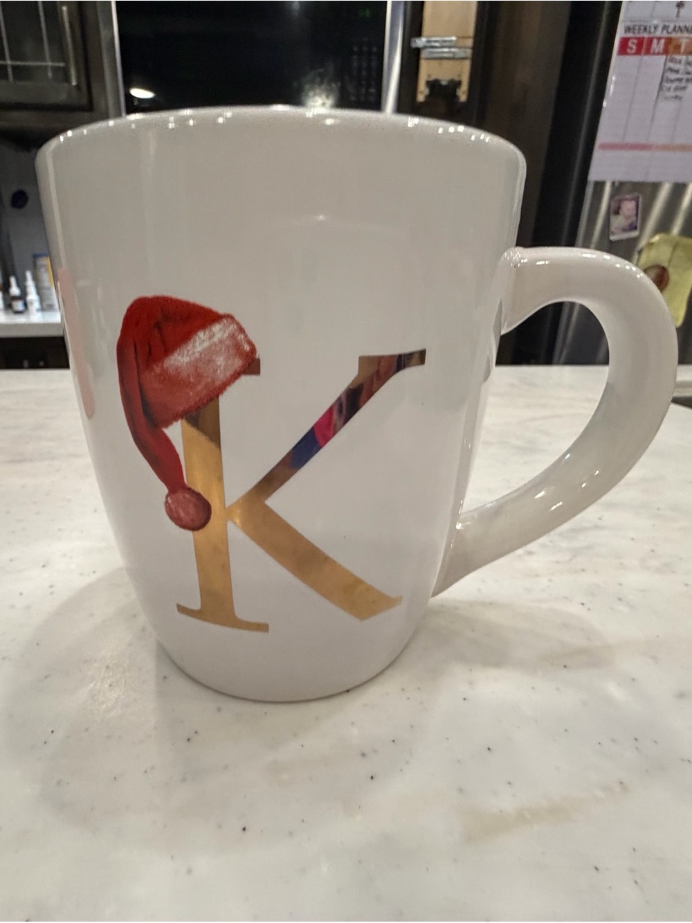 White Ceramic Mug with Gold Letter K and Red Accent
